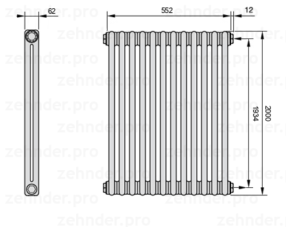 Схема (чертеж) Радиатор Zehnder Charleston 2200/12 №7610 Белый глянцевый RAL 9016